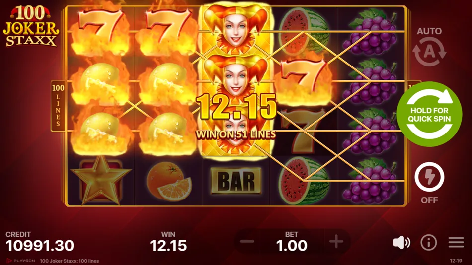 Joker Wild symbol substituting on a payline in 100 Joker Staxx