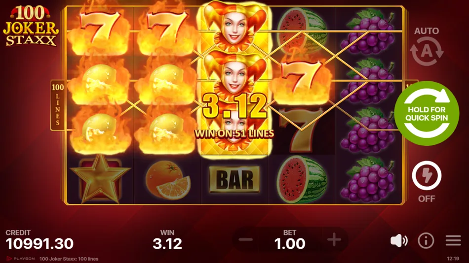 Multiple active paylines highlighted on the 100 Joker Staxx grid